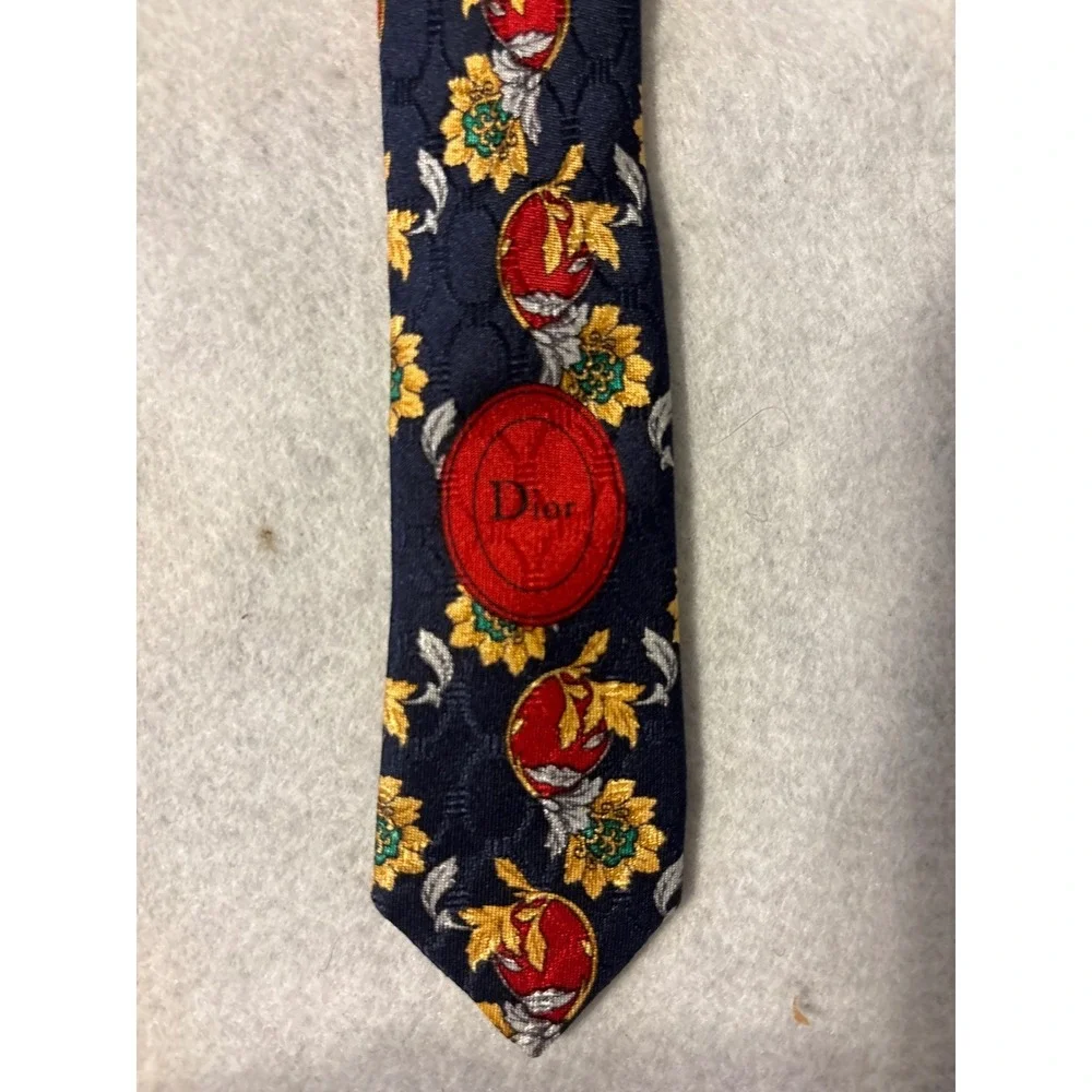 Christian Dior Monsieur Tie Mens OS Navy Blue Red Silk Floral Harvest
